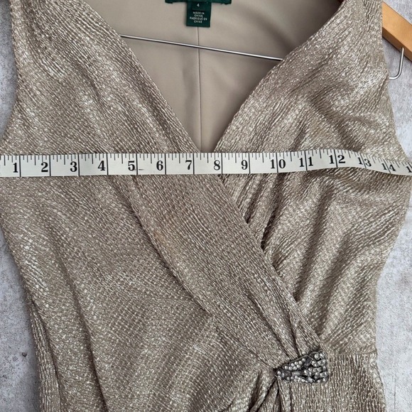 Lauren Ralph Lauren Evening Metallic Gold Ruched Gown Brooch Dress 4 - Picture 11 of 12